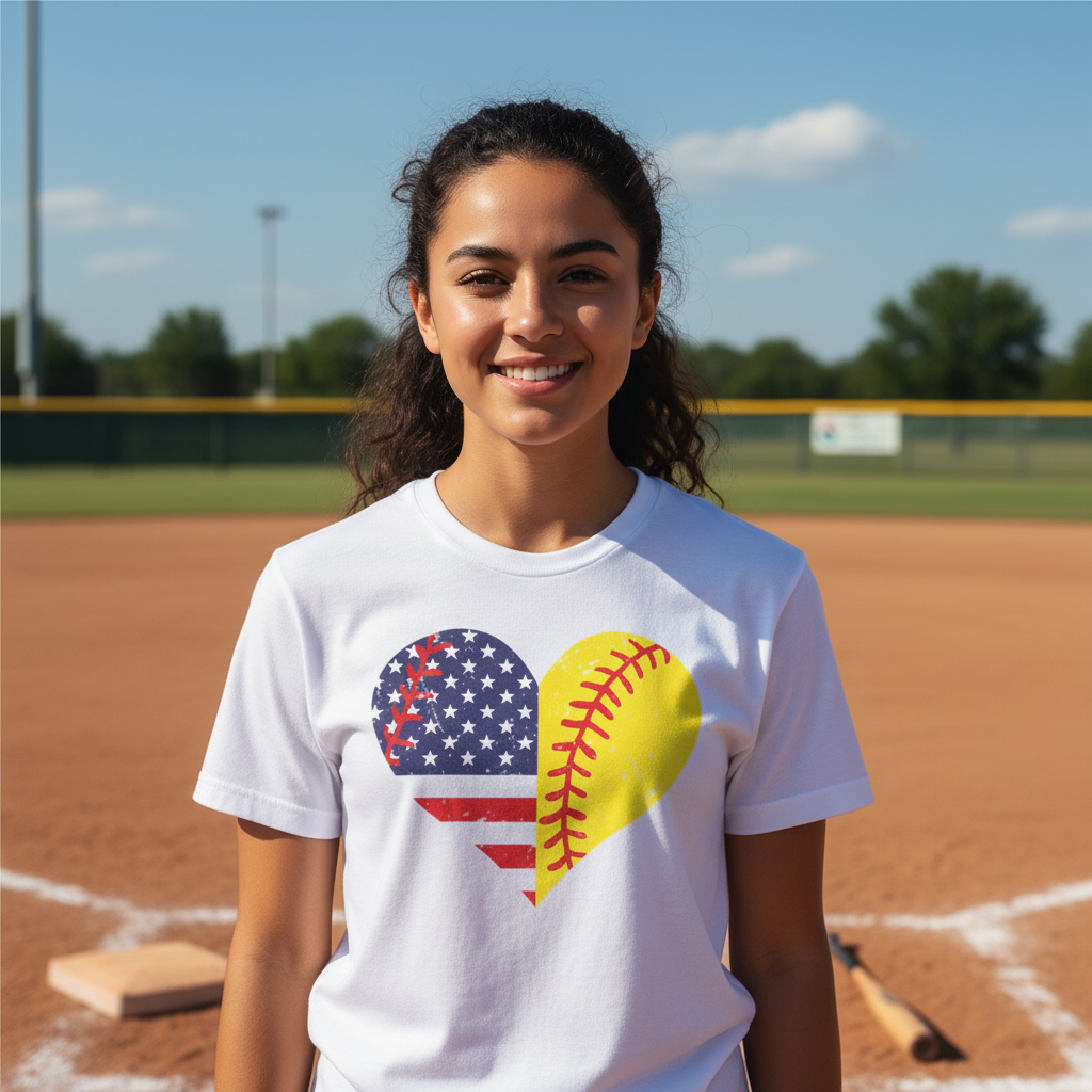 Heart Shape American Flag And Softball Graphic Tee