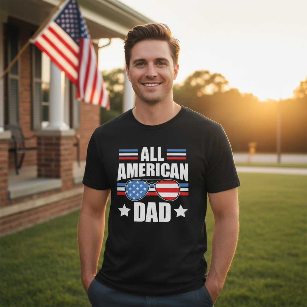 All American Dad Graphic T Shirt With Flag Sunglasses