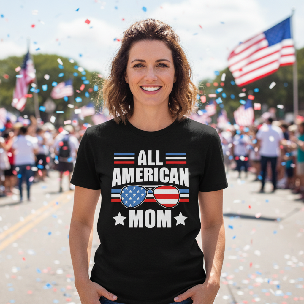 All American Mom Graphic Tee With Stars And Stripes Sunglasses Print On Front For Patriotic Fans