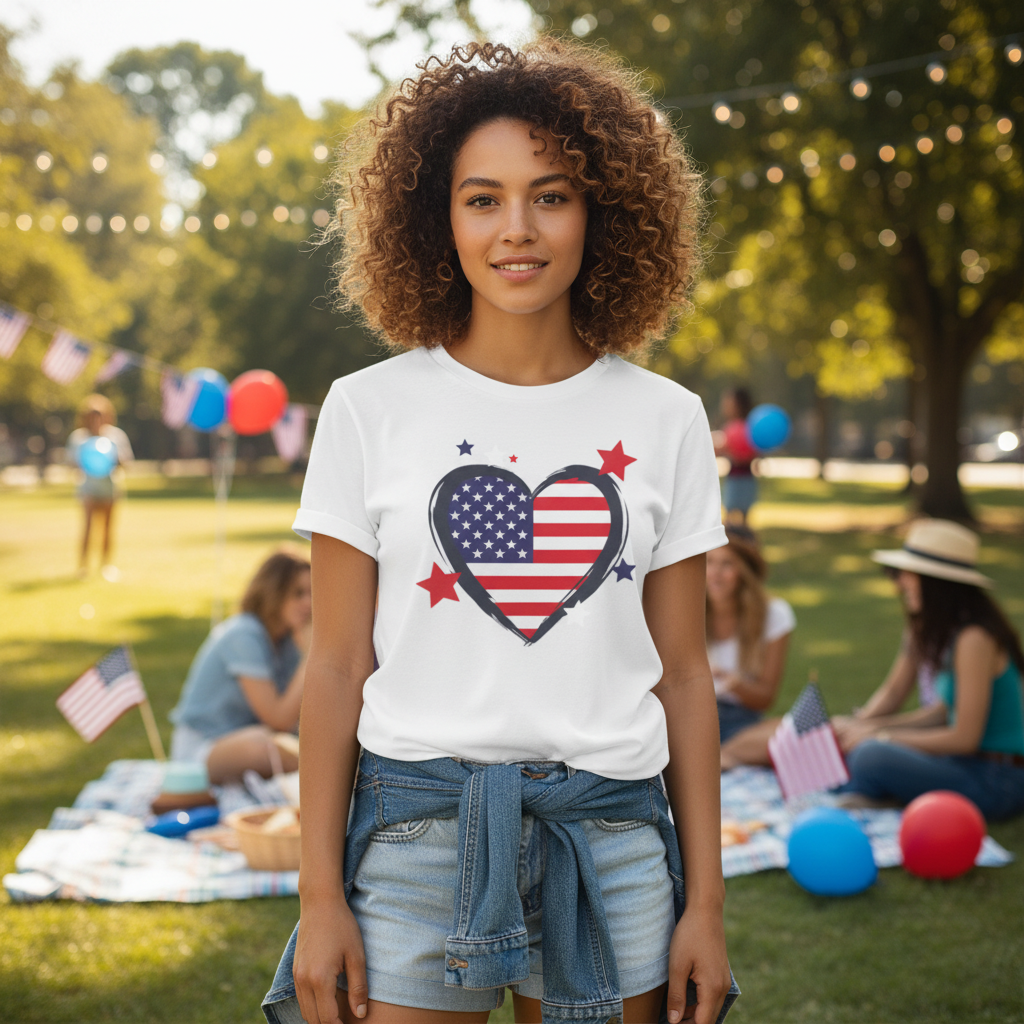 Heart Shaped American Flag Graphic Tee For Men And Women Unisex Patriotic Apparel Everyday Casual Wear
