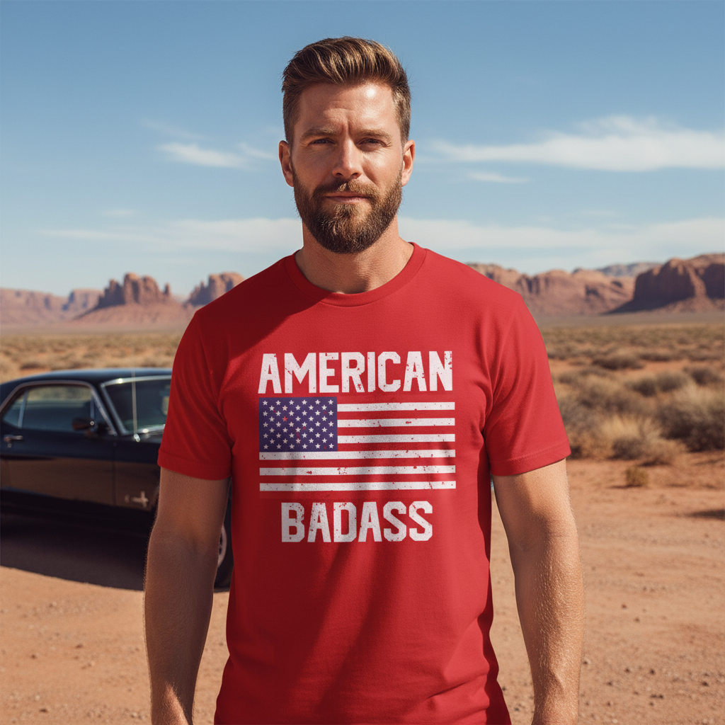 American Flag Graphic Unisex T Shirt With Bold American Badass Text Design Everyday Wear