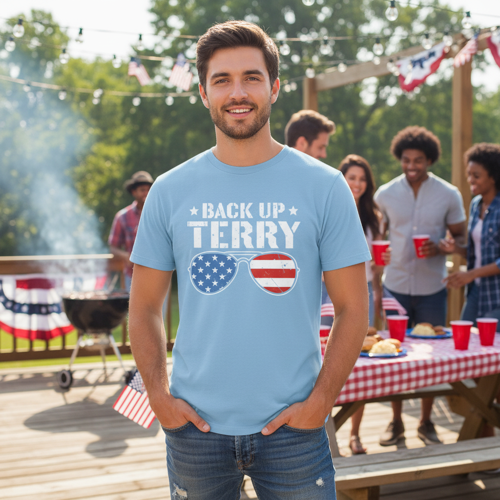 Back Up Terry Unisex American Flag Sunglasses Graphic Tee For Men And Women Everyday Wear