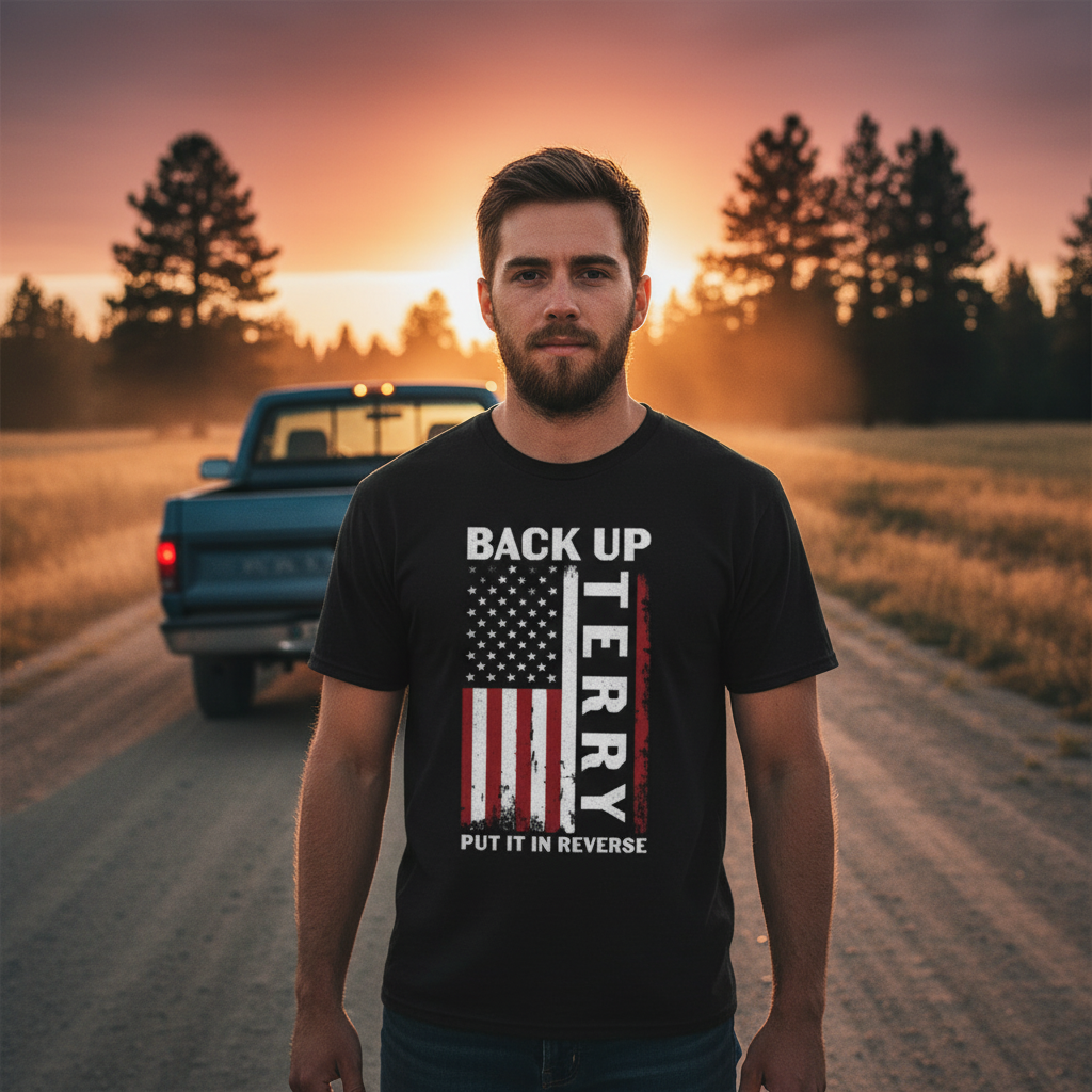 Unisex American Flag Graphic T Shirt With Distressed Liberty Vertical Text And Back Up Put It In Reverse