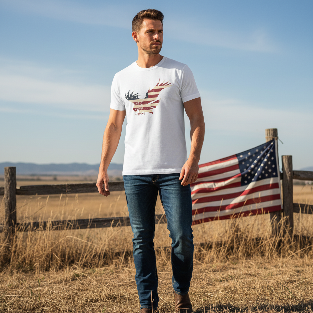 Unisex Short Sleeve Crew Neck T Shirt With Vintage Distressed American Flag Eagle Graphic