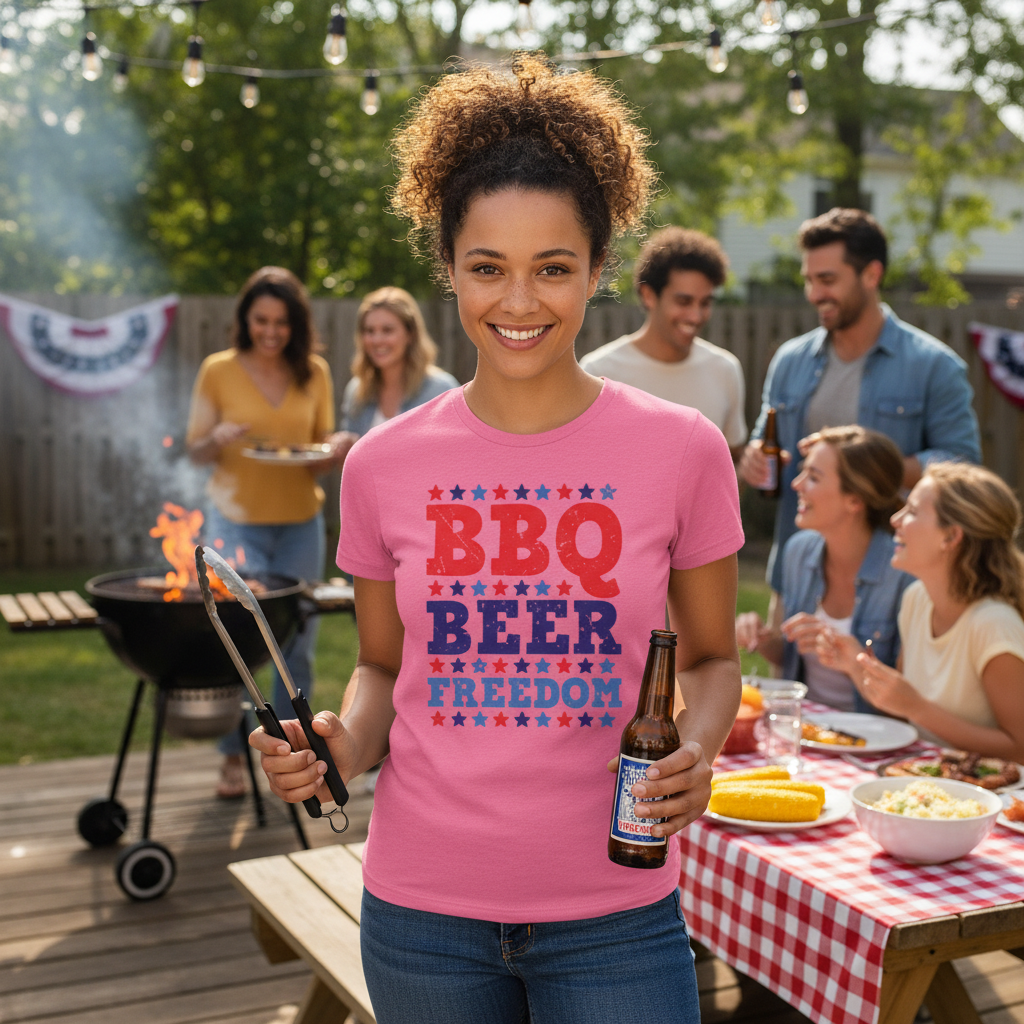 Patriotic BBQ Beer Freedom Graphic Tee for Unisex Adults with Red and Blue Star Pattern