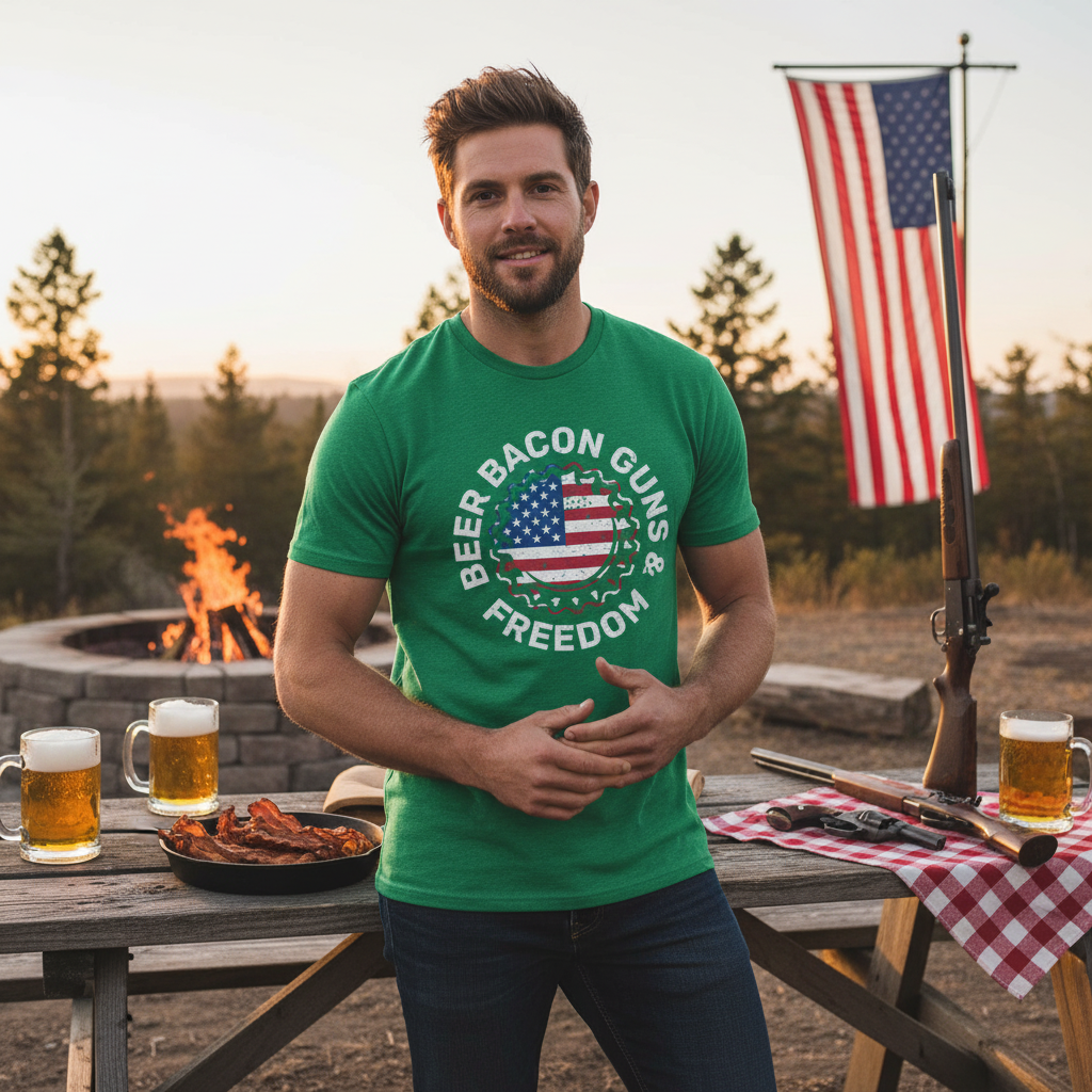 Unisex American Flag Graphic Tee With Beer Bacon Guns And Freedom Emblem Design Patriotic