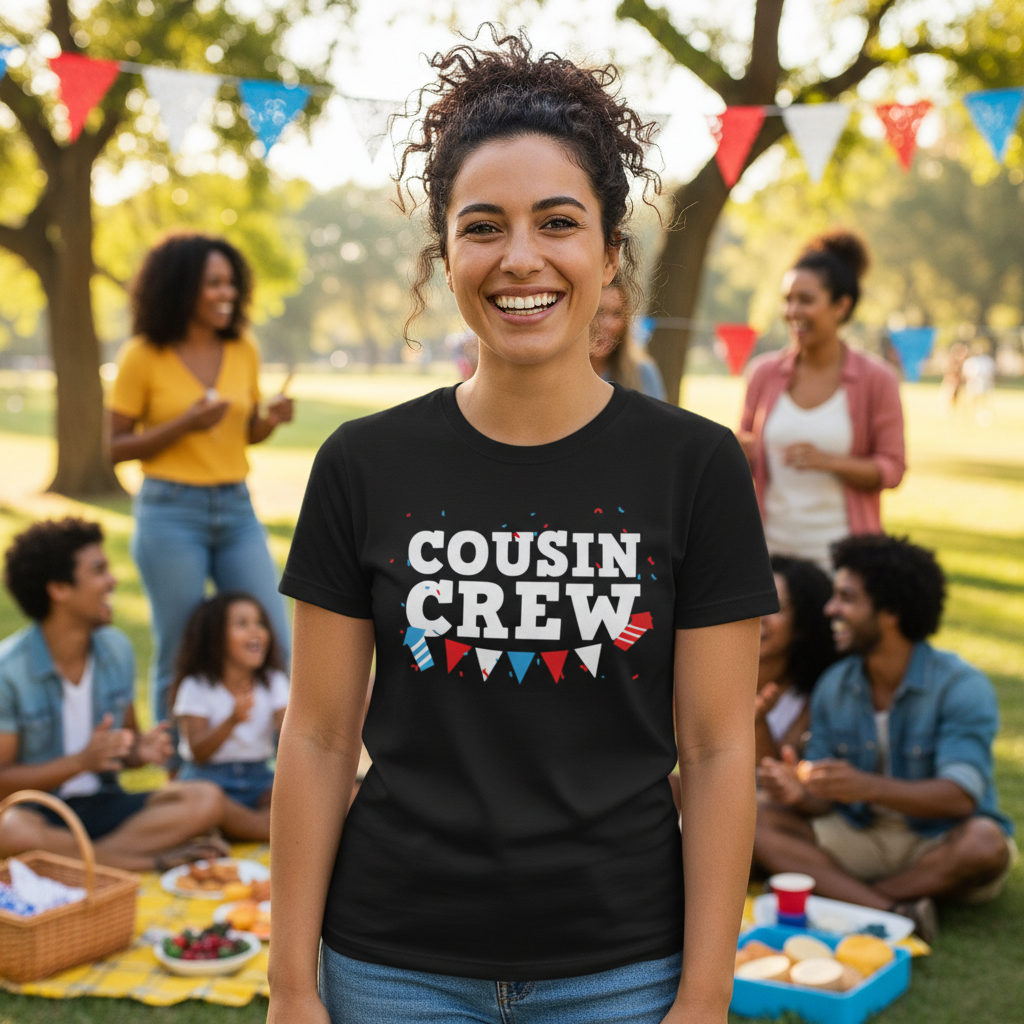 Cousin Crew Graphic T Shirt With Red And Blue Banner Confetti Design For Family Celebration