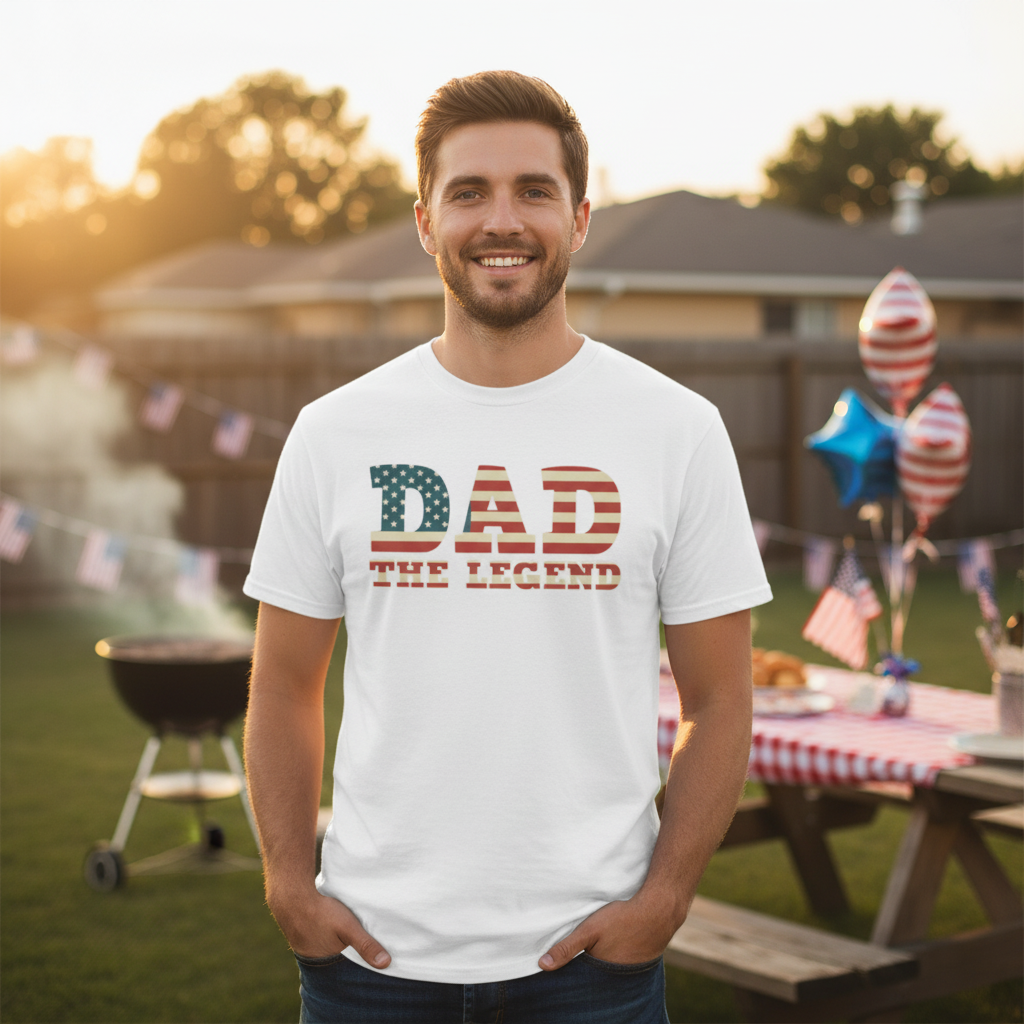 Dad The Legend American Flag Letters Unisex Graphic Tee With Patriotic USA Flag Pattern Short Sleeve