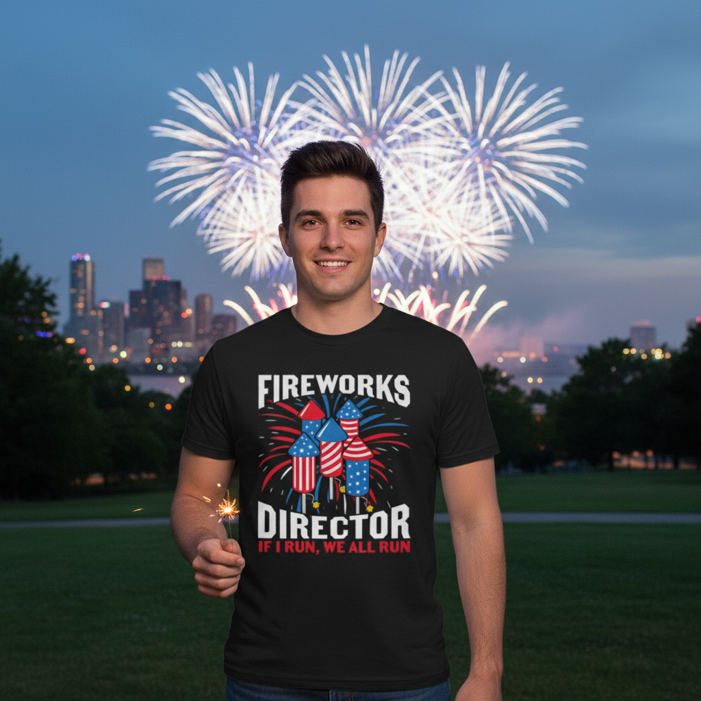 Patriotic Fireworks Director T Shirt With USA Flag Fireworks Graphic And Slogan If I Run We All Run