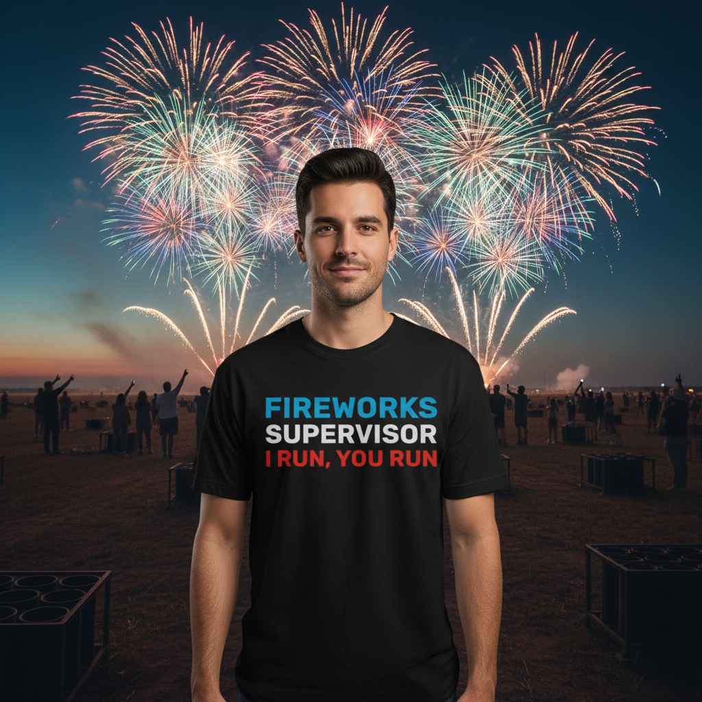 Fireworks Supervisor Unisex Graphic Tee With Bold Blue And Red Text I Run, You Run Comfort Fit