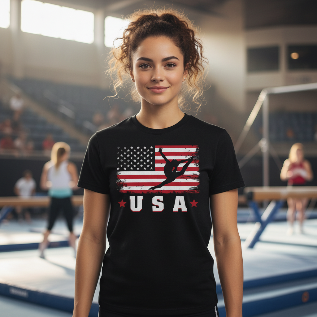 Unisex USA Flag Graphic T Shirt With Distressed Stripes And Dancer Silhouette On Front