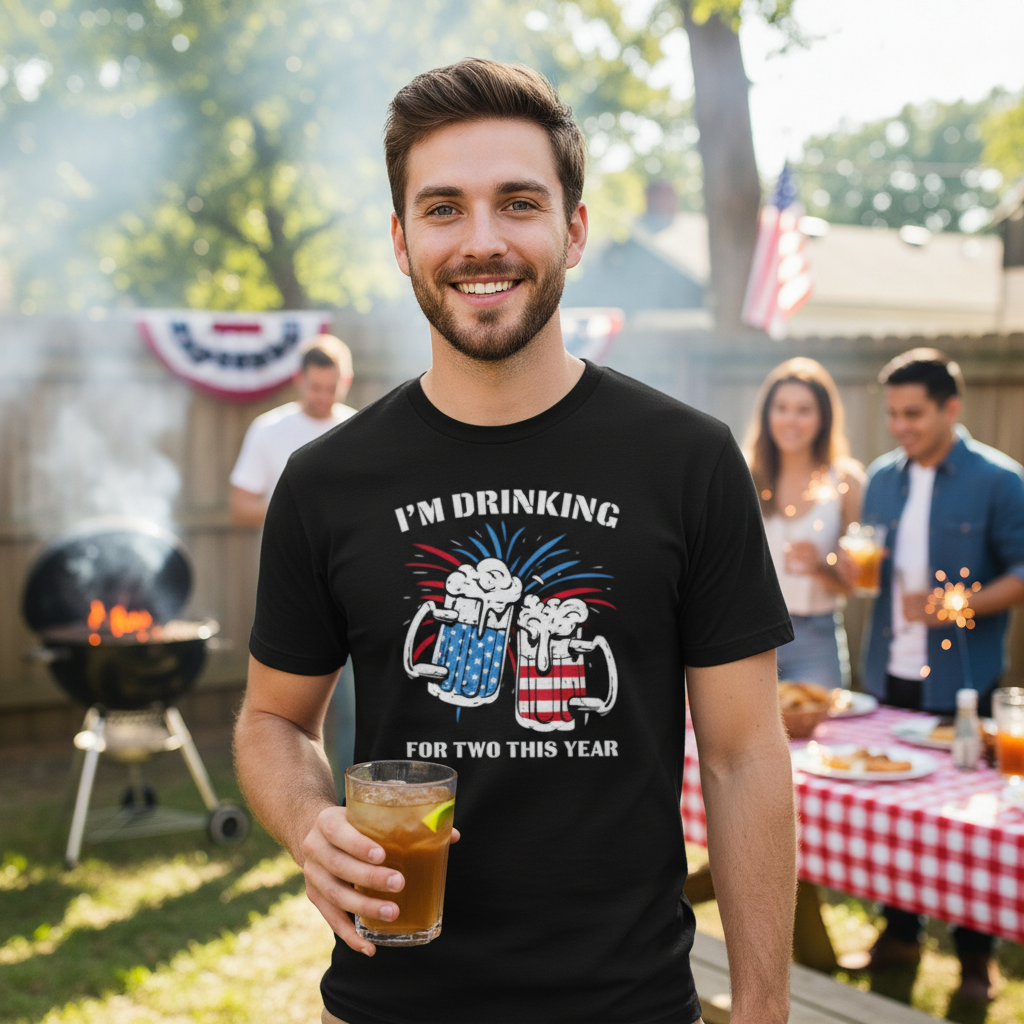 Patriotic Unisex T Shirt With American Flag Themed Beer Mugs And Fireworks Graphic