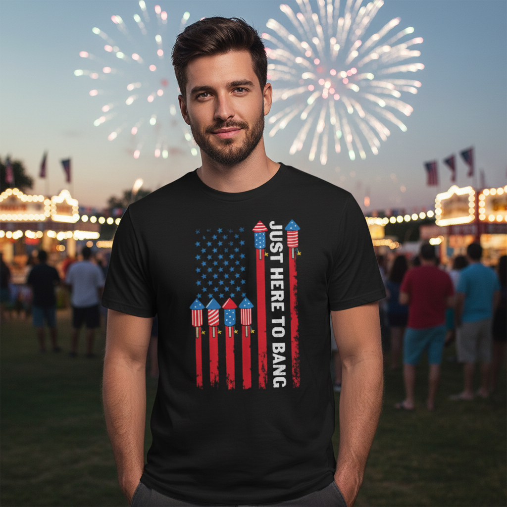American Flag Rocket Graphic Unisex T Shirt With Just Here To Bang Text Patriotic Design