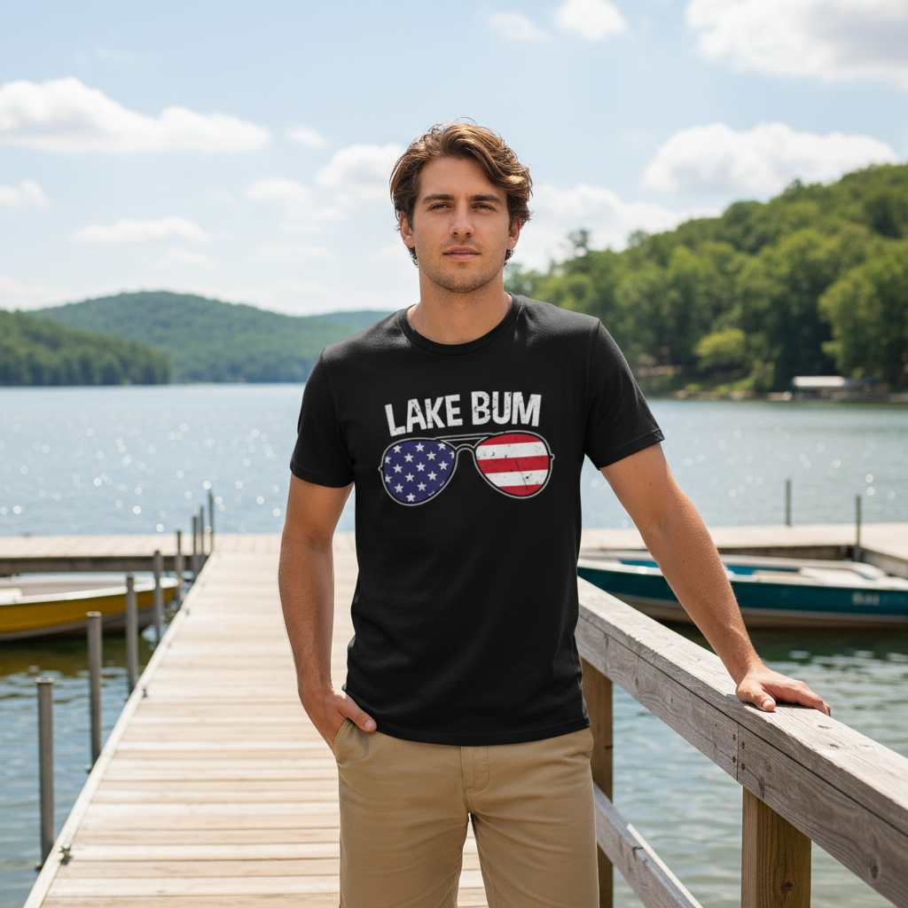 Lake Bum Unisex Crewneck T Shirt With American Flag Sunglasses Graphic Print On Front Design Artwork