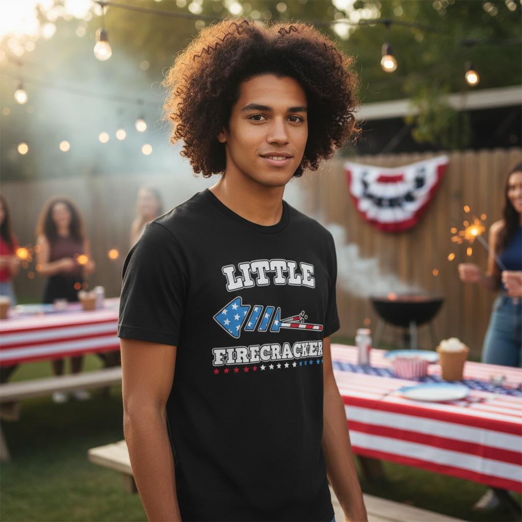Little Firecracker Patriotic Graphic T Shirt With Stars And Stripes Rocket Design For Unisex