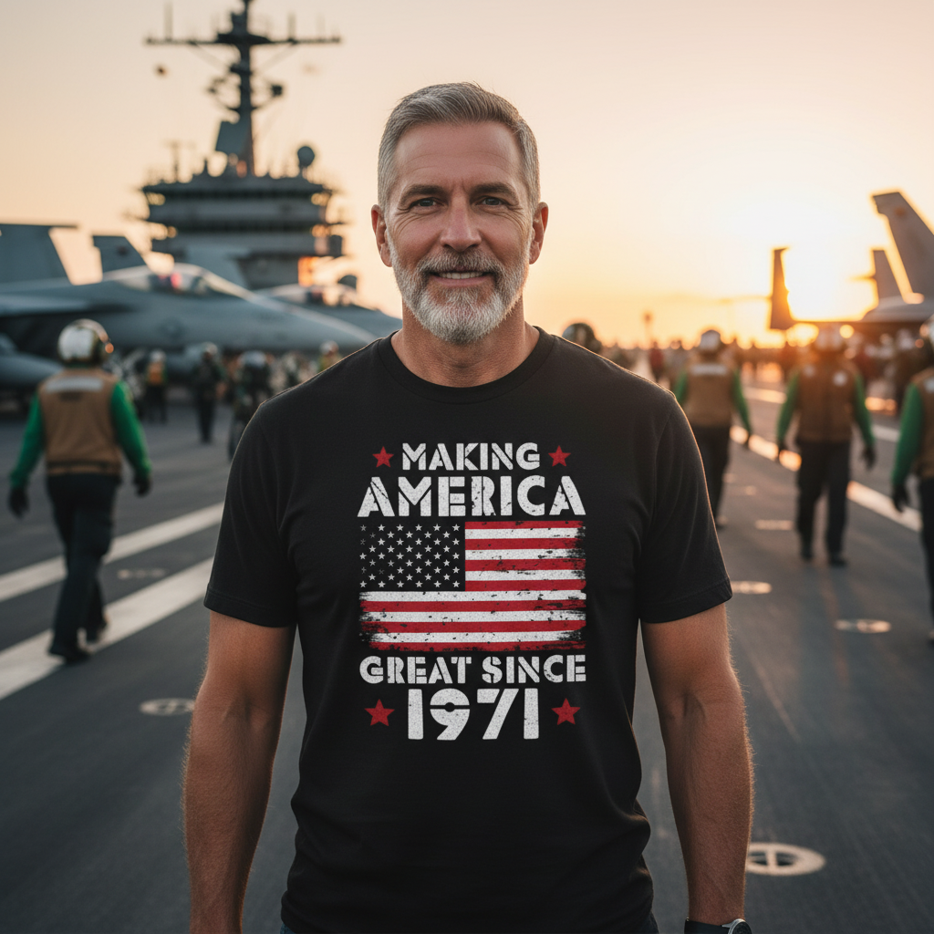 Unisex T Shirt With Distressed American Flag Graphic And Making America Great Since 1971