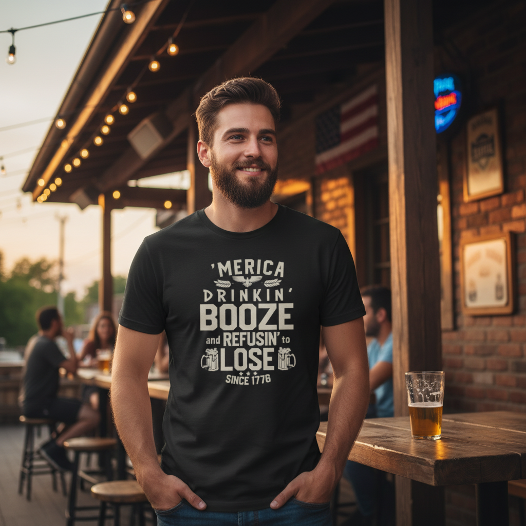 America Drinkin' Booze And Refusin' To Lose Graphic Tee Since 1776 For Unisex Casual Everyday Wear