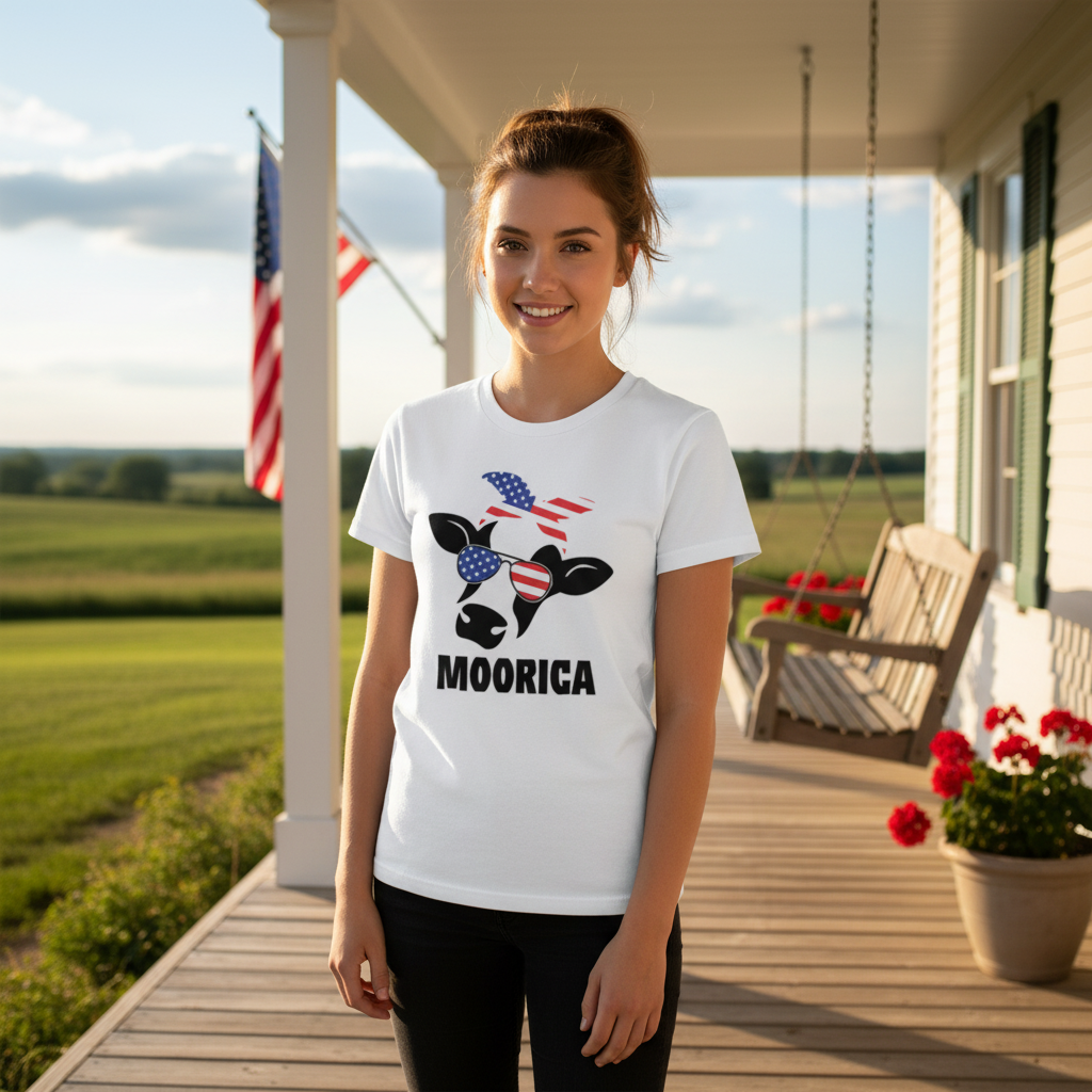 Moorica Cow With American Flag Sunglasses Graphic T Shirt For Men Women Unisex Patriotic Apparel