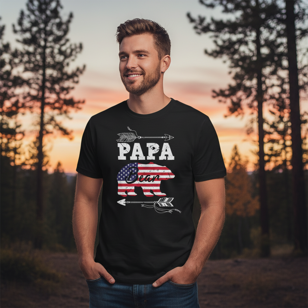 Papa Bear American Flag Graphic T Shirt For Dads Unisex Patriotic Casual Tee For Fathers