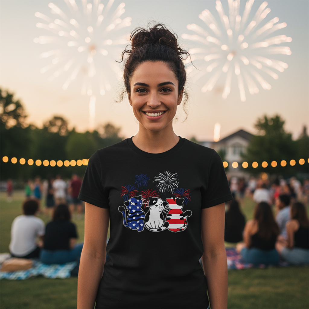 Patriotic Cat Trio T Shirt Featuring Three Cats With American Flag Patterns And Fireworks
