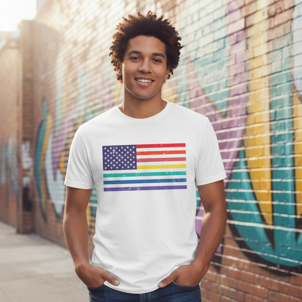 Unisex American Flag Tee With Rainbow Stripes Graphic Across Chest For Pride And Equality