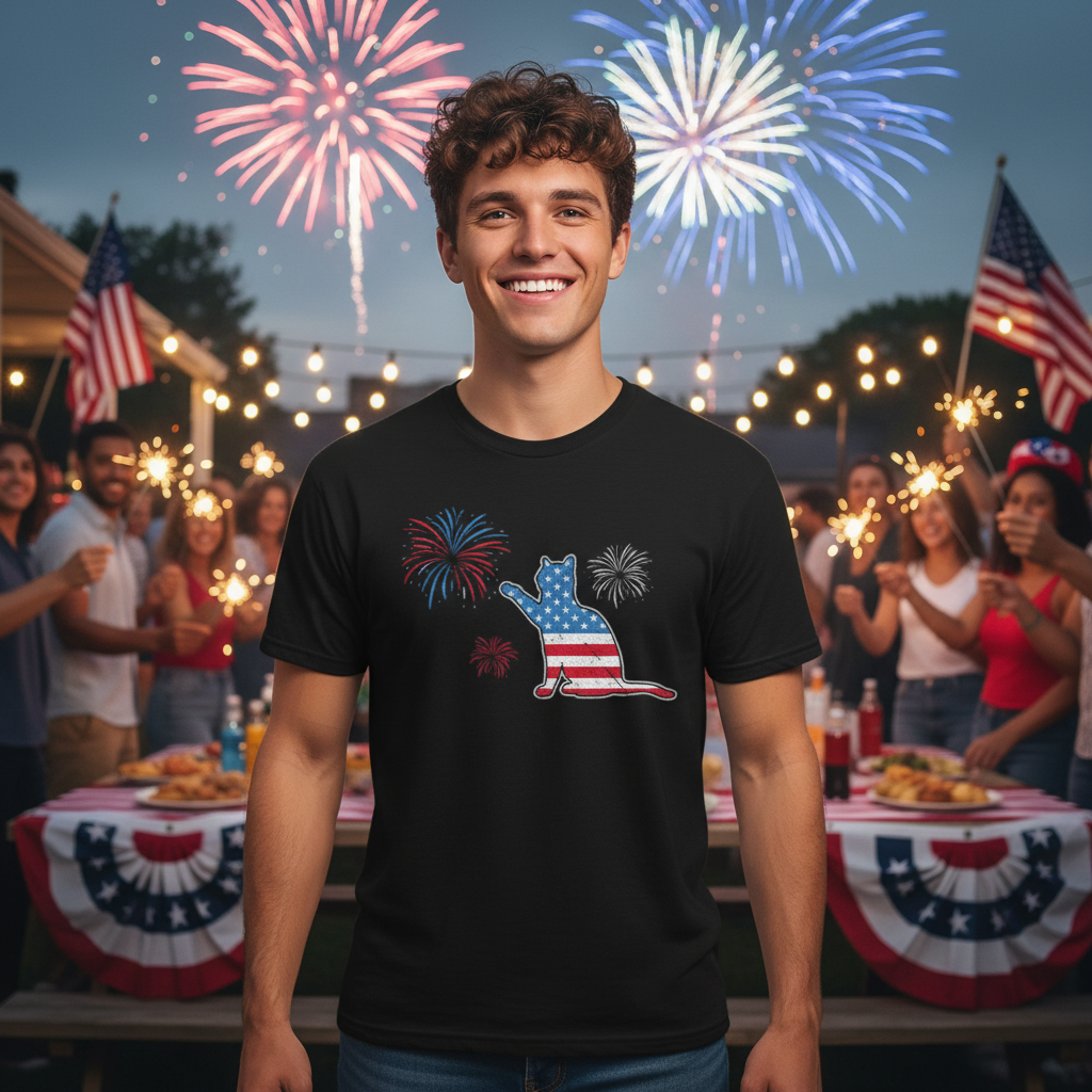 Patriotic Cat Graphic T Shirt With American Flag Pattern And Firework Design Unisex