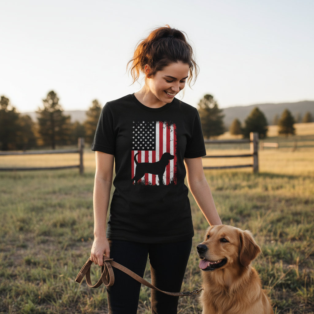 Unisex Patriotic Dog Silhouette Overlaid On Grunge American Flag Graphic T Shirt