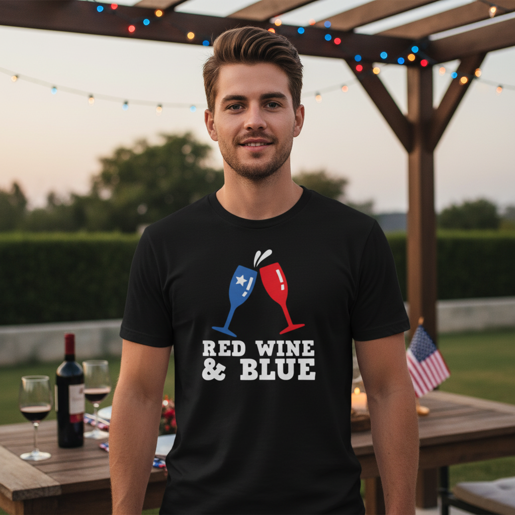 Red Wine And Blue Clinking Glasses Graphic Tee For Unisex Adults Patriotic Celebration Design