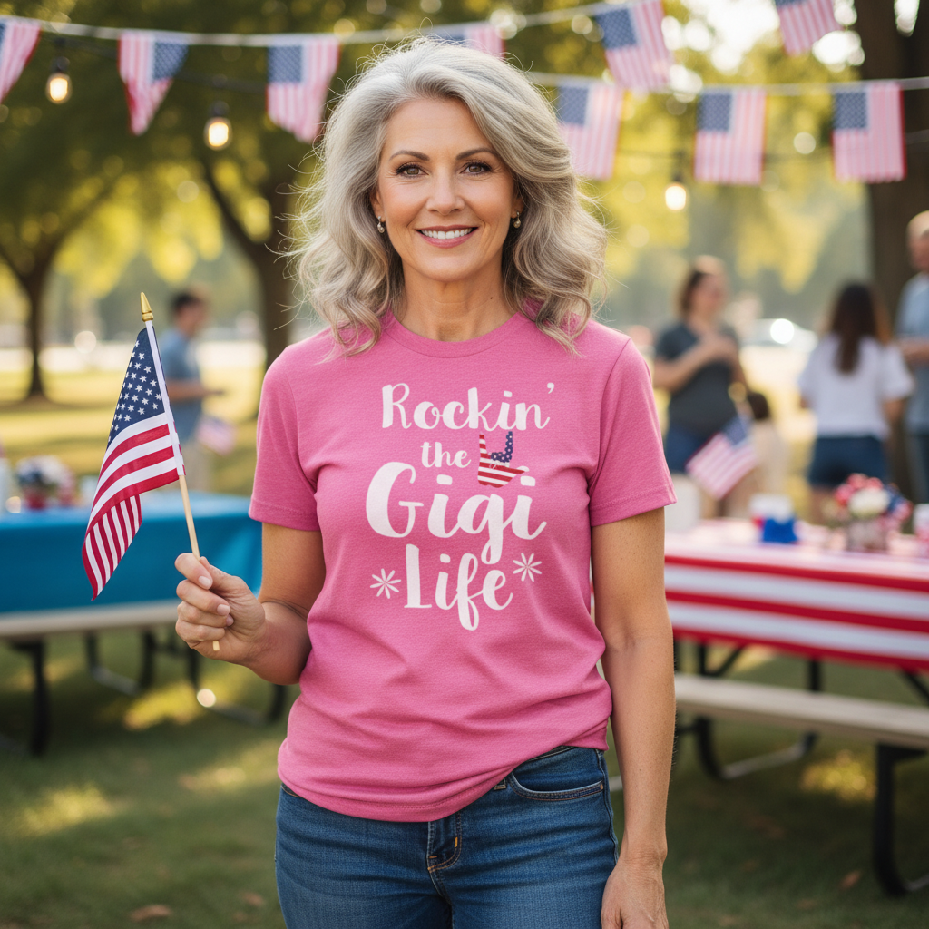 Unisex Graphic T Shirt Rockin' The GiGi Life With American Flag Hand Sign Design