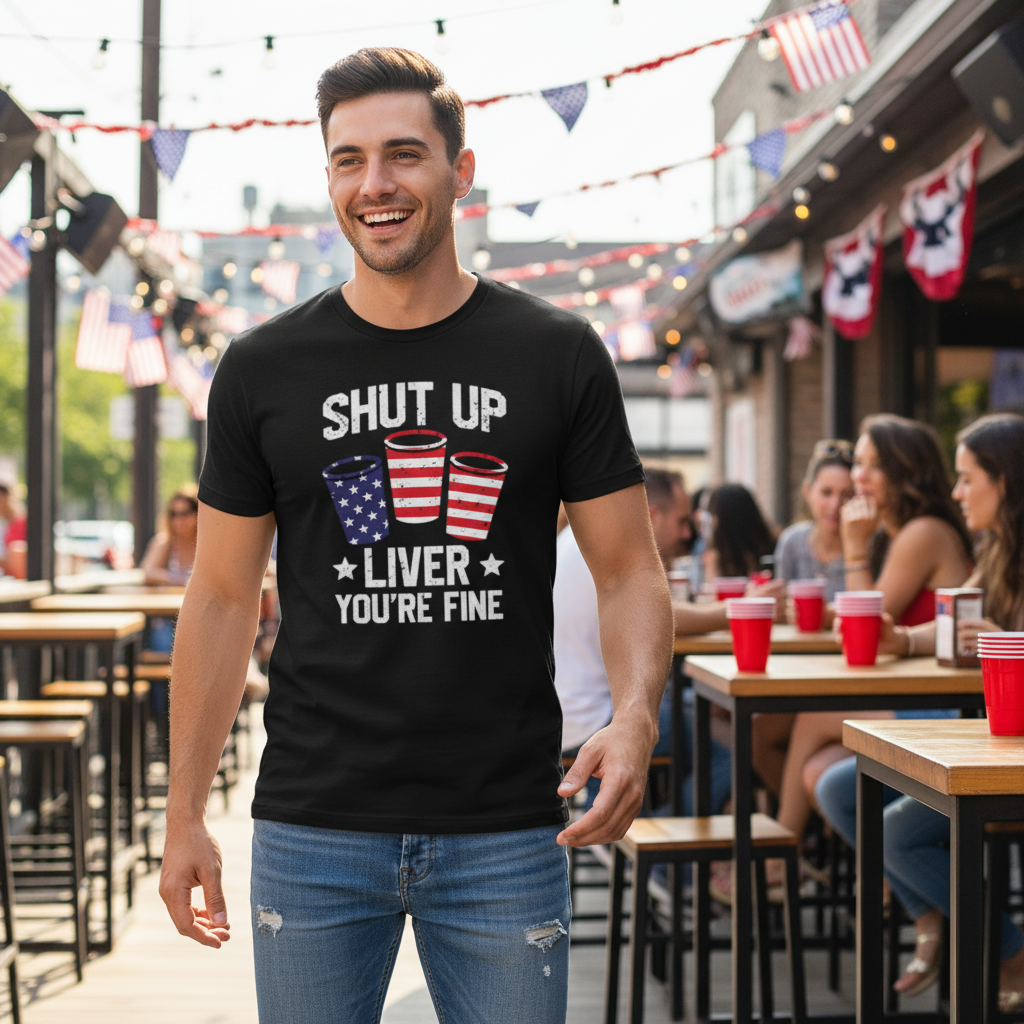 Shut Up Liver You're Fine Patriotic Cup Design Graphic Tee For Unisex Short Sleeve