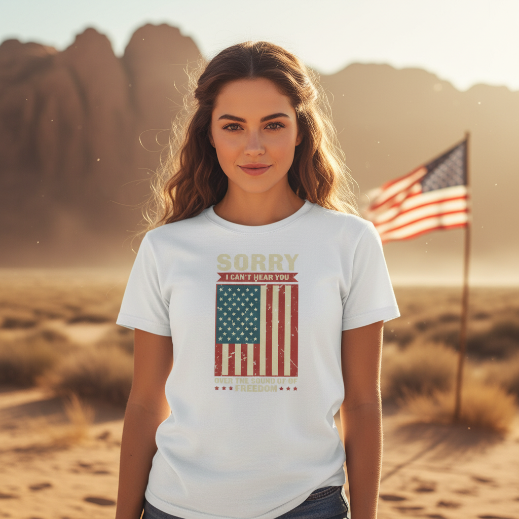 American Flag Distressed Graphic Tee With Sorry I Can't Hear You Over The Sound Of Freedom