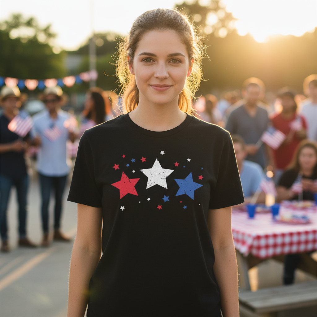 Unisex Patriotic Stars Graphic Tee With Red And Blue Star Motif For Summer Wear Casual Comfort