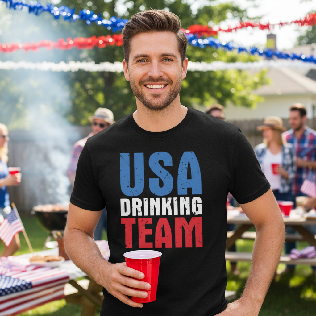 USA Drinking Team Distressed Graphic Tee For Unisex Adults Short Sleeve Shirt Vintage Colors