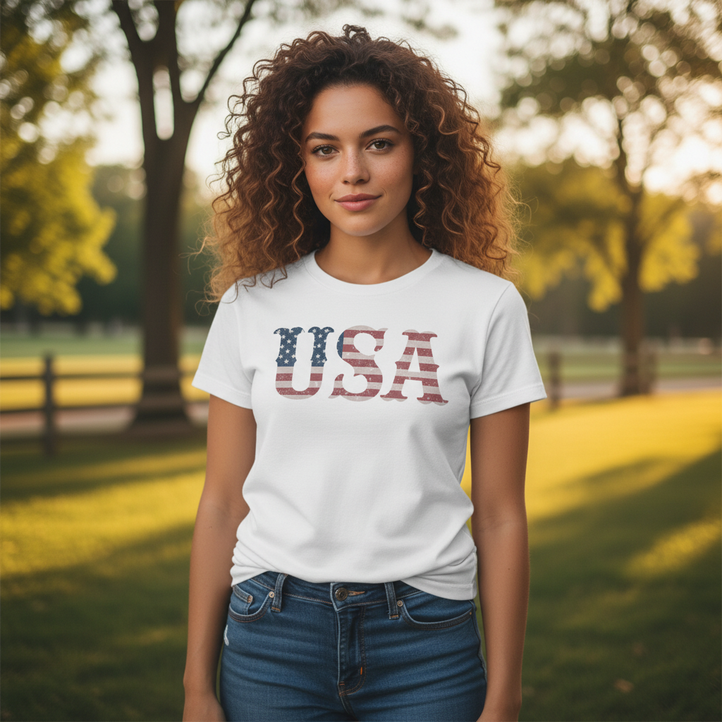 Unisex USA Flag Letter Graphic Tee With Distressed Stars And Stripes Design Short Sleeve