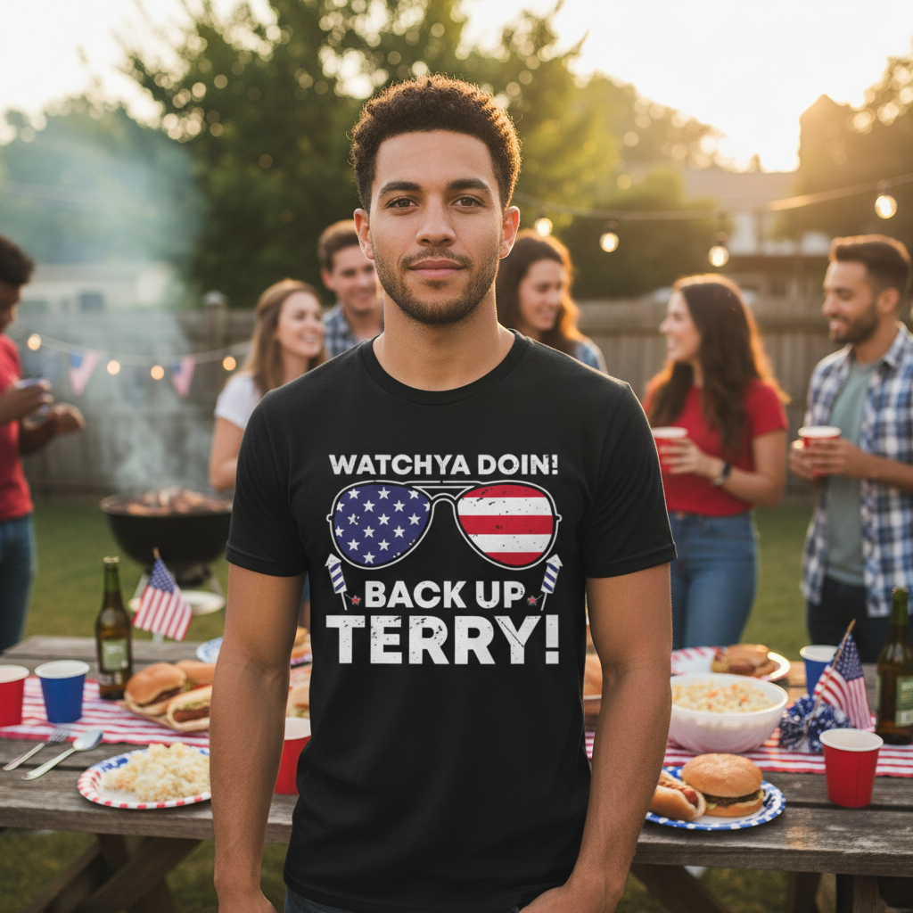 Unisex Patriotic Graphic Tee With Star Spangled Sunglasses and Back Up Terry Text
