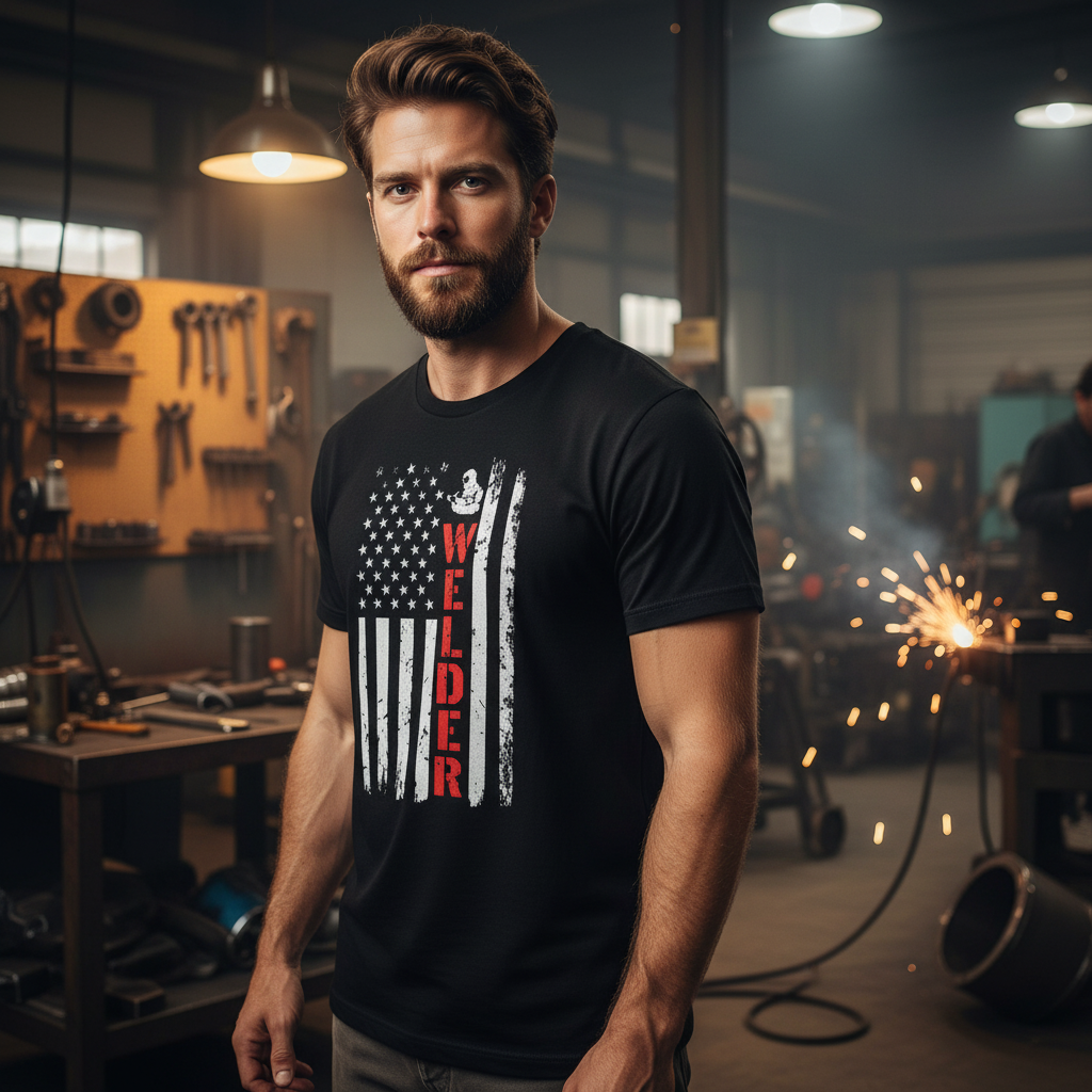 Unisex Welder Flag Graphic T Shirt With Distressed American Flag And Red Vertical Welder Text