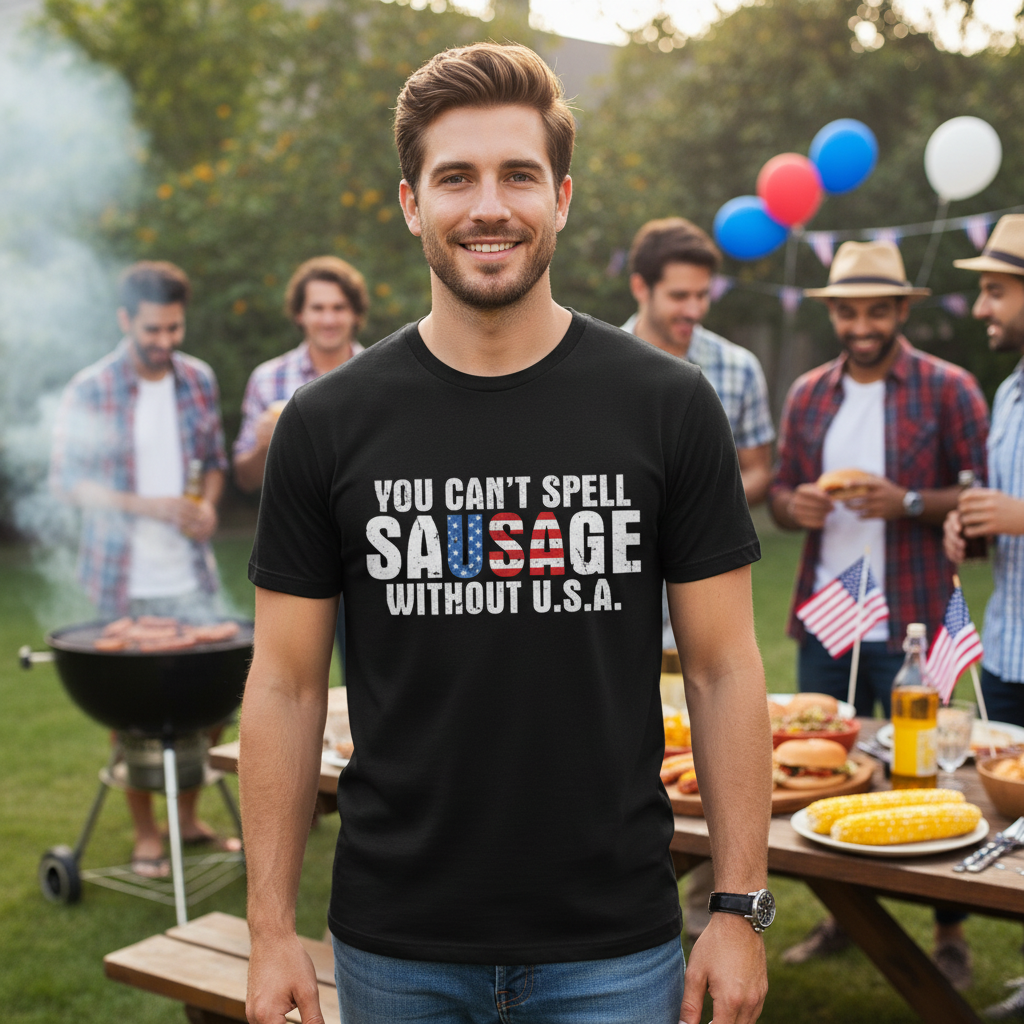 Unisex T Shirt With You Can't Spell Sausage Without USA Patriotic Graphic Tee Design