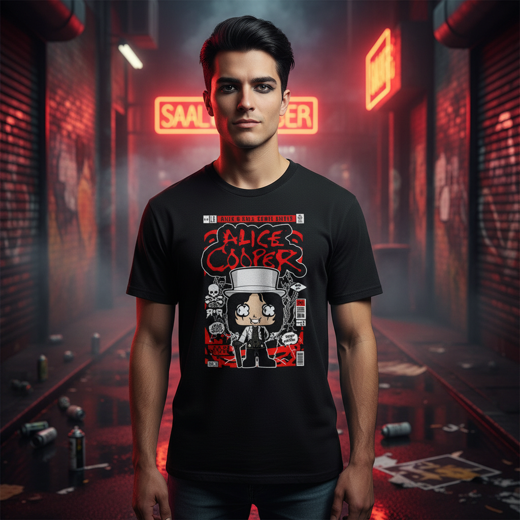 Alice Cooper Graphic Unisex Tee With Retro Rock Artwork And Band Portrait Print Featuring Bold Red And Gray Palette