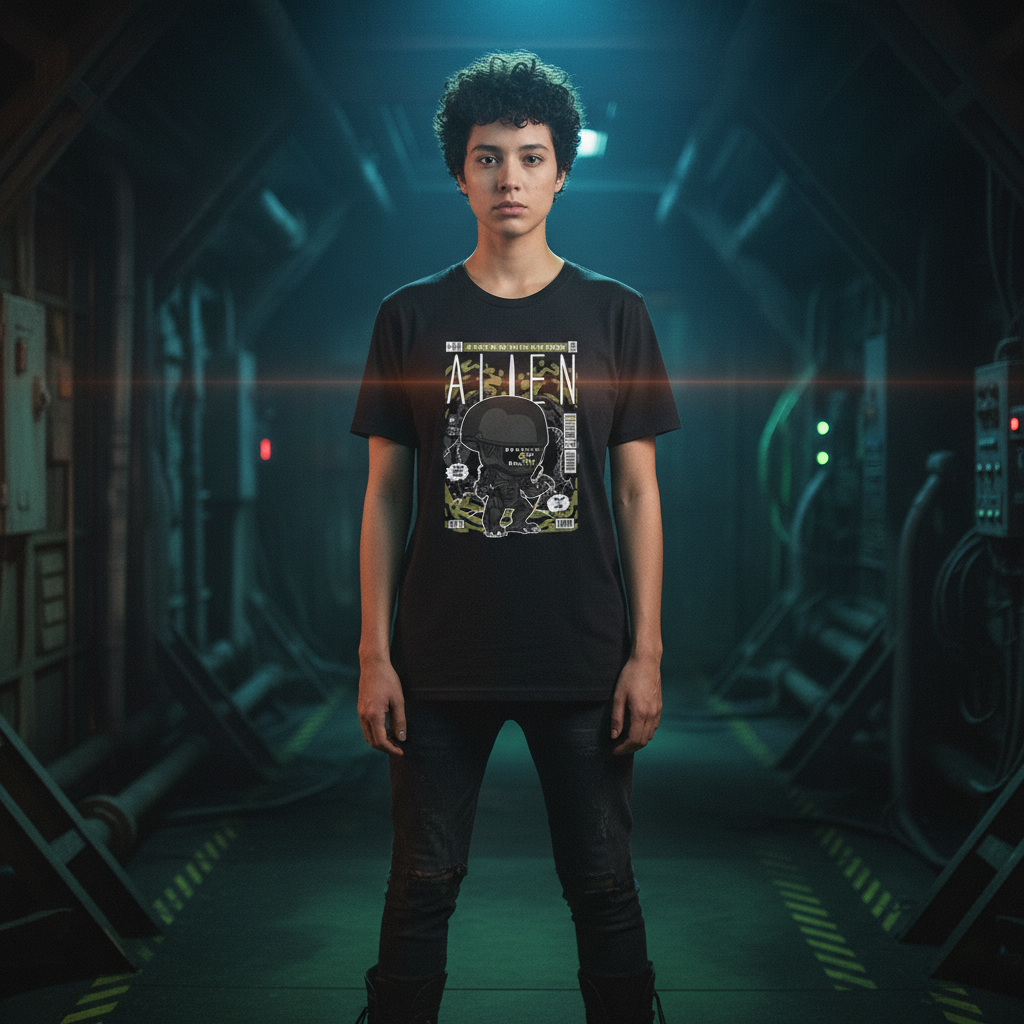 Alien Helmeted Creature Graphic Unisex T Shirt With Futuristic Space Scene Artwork