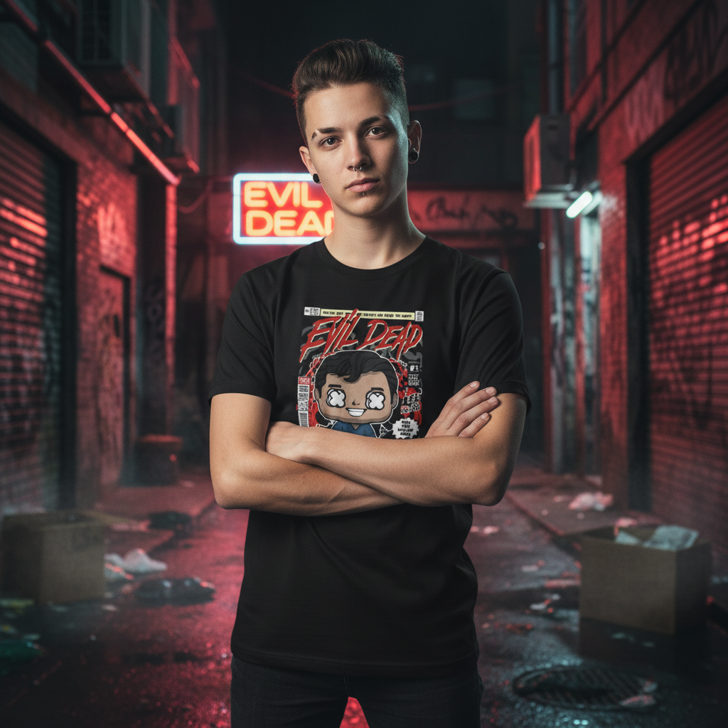 Evil Dead Ash Cartoon Graphic Tee For Unisex Short Sleeve Shirt With Comic Cover Style Artwork