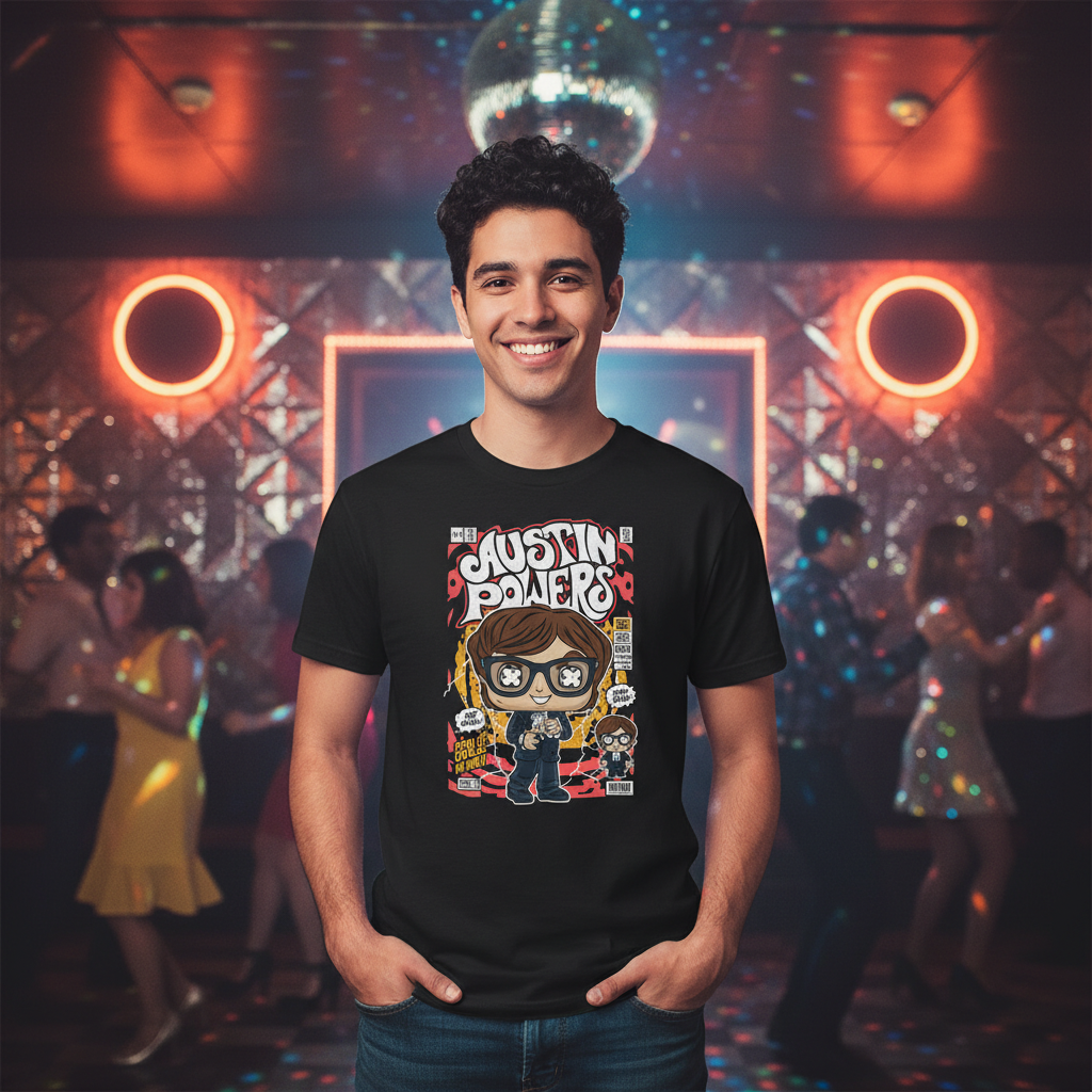 Austin Powers Cartoon Graphic Unisex T Shirt Featuring Retro Style Artwork For Fans