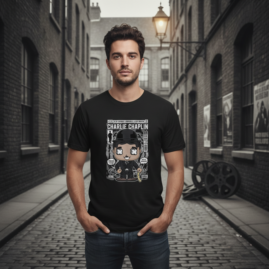 Charlie Chaplin Cartoon Graphic Tee Unisex Shirt With Bowler Hat Cane And Comic Background