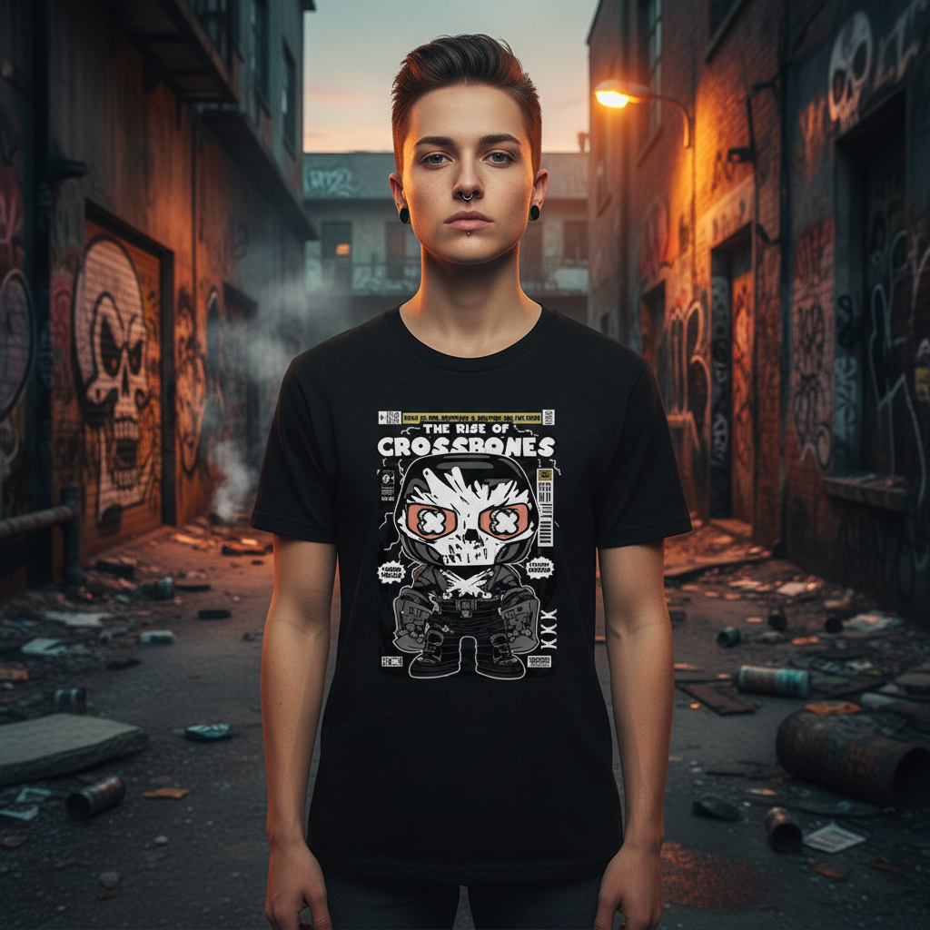 Unisex Skull Crossbones Comic Graphic Tee With Bold Monochrome Artwork And Crew Neck Short Sleeve