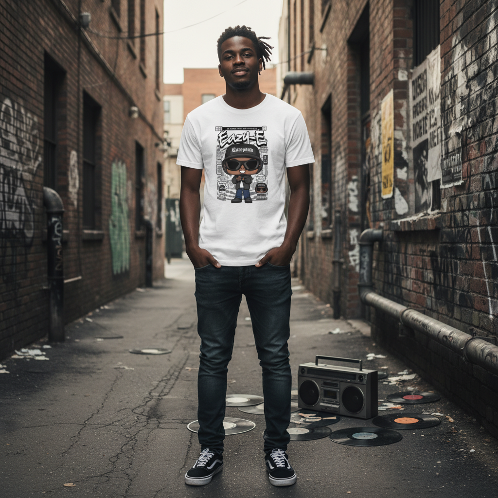 Unisex Eazy-E Cartoon Graphic Tee With Compton Hat And Sunglasses, Retro Hip Hop Artwork