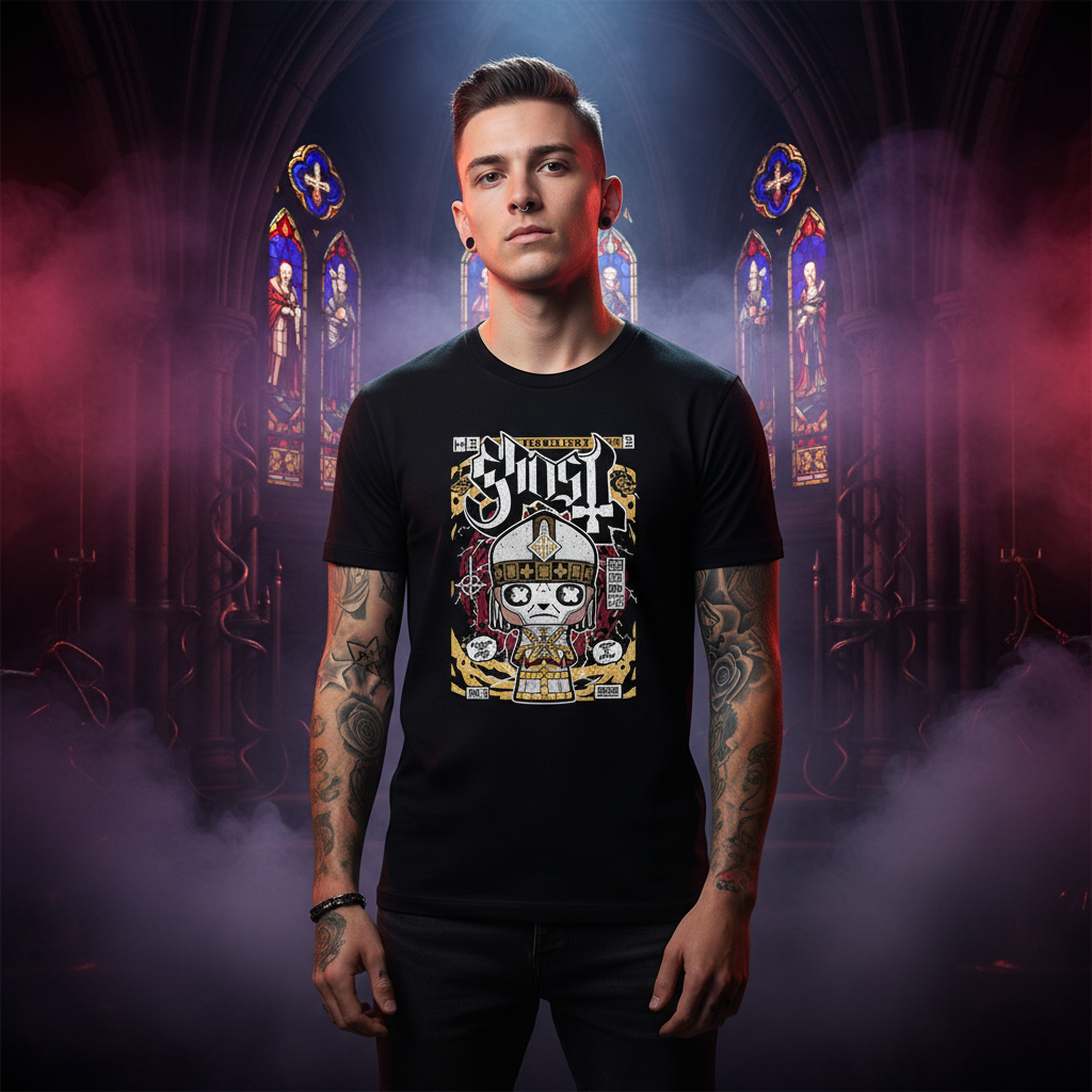 Ghost Band Graphic Tee Featuring Cartoon Papal Skeleton Design On Unisex Short Sleeve Shirt