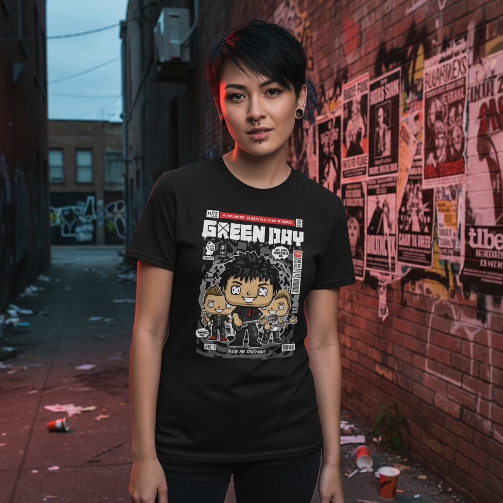 Green Day Band Graphic T Shirt Featuring Comic Style Artwork And Cartoon Characters Unisex