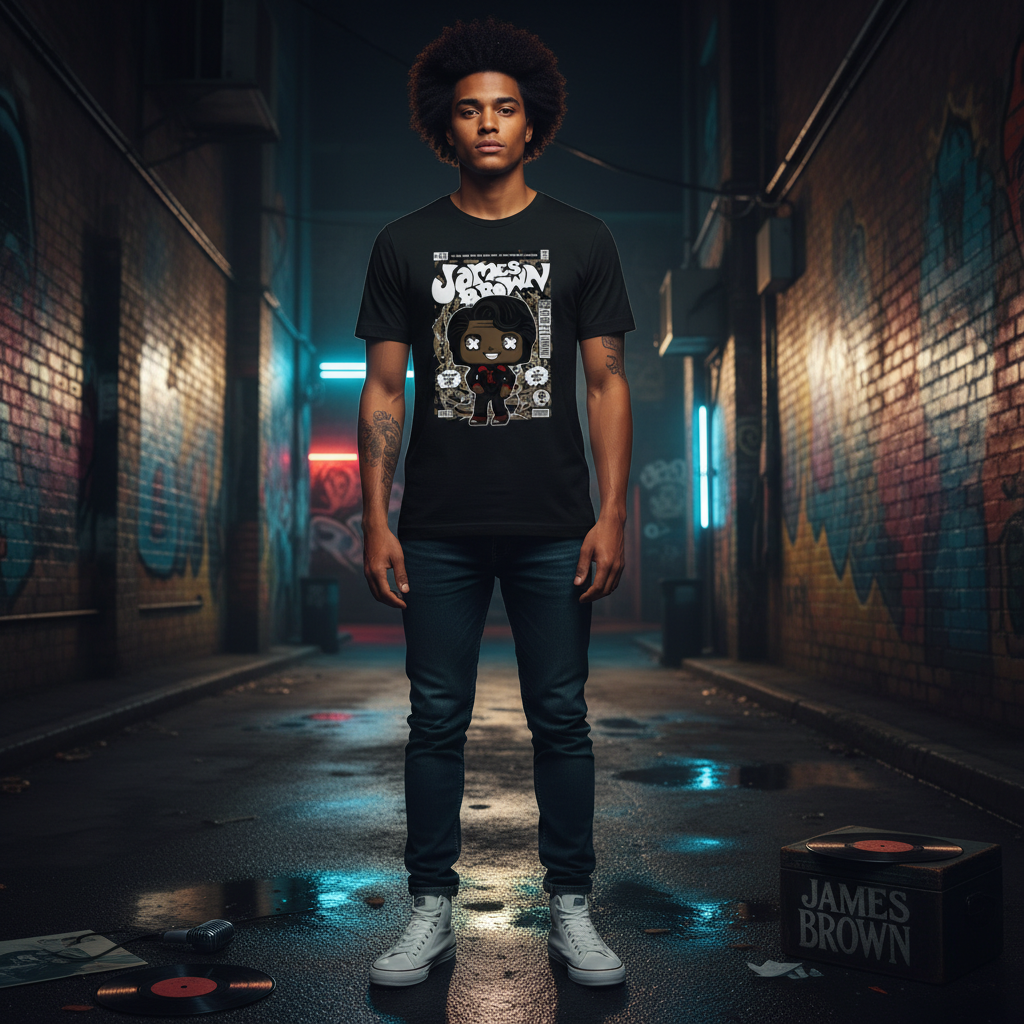 James Brown Comic Style Unisex Tee With Cartoon Portrait And Vintage Magazine Cover Artwork
