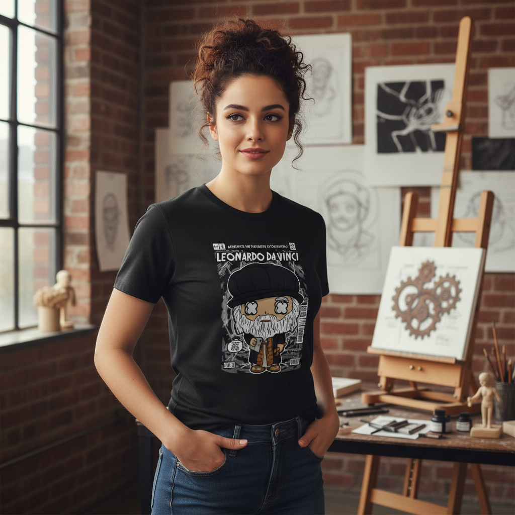Leonardo Da Vinci Themed Unisex Graphic Tee Featuring A Cartoon Bust And Vintage Comic Panel Design