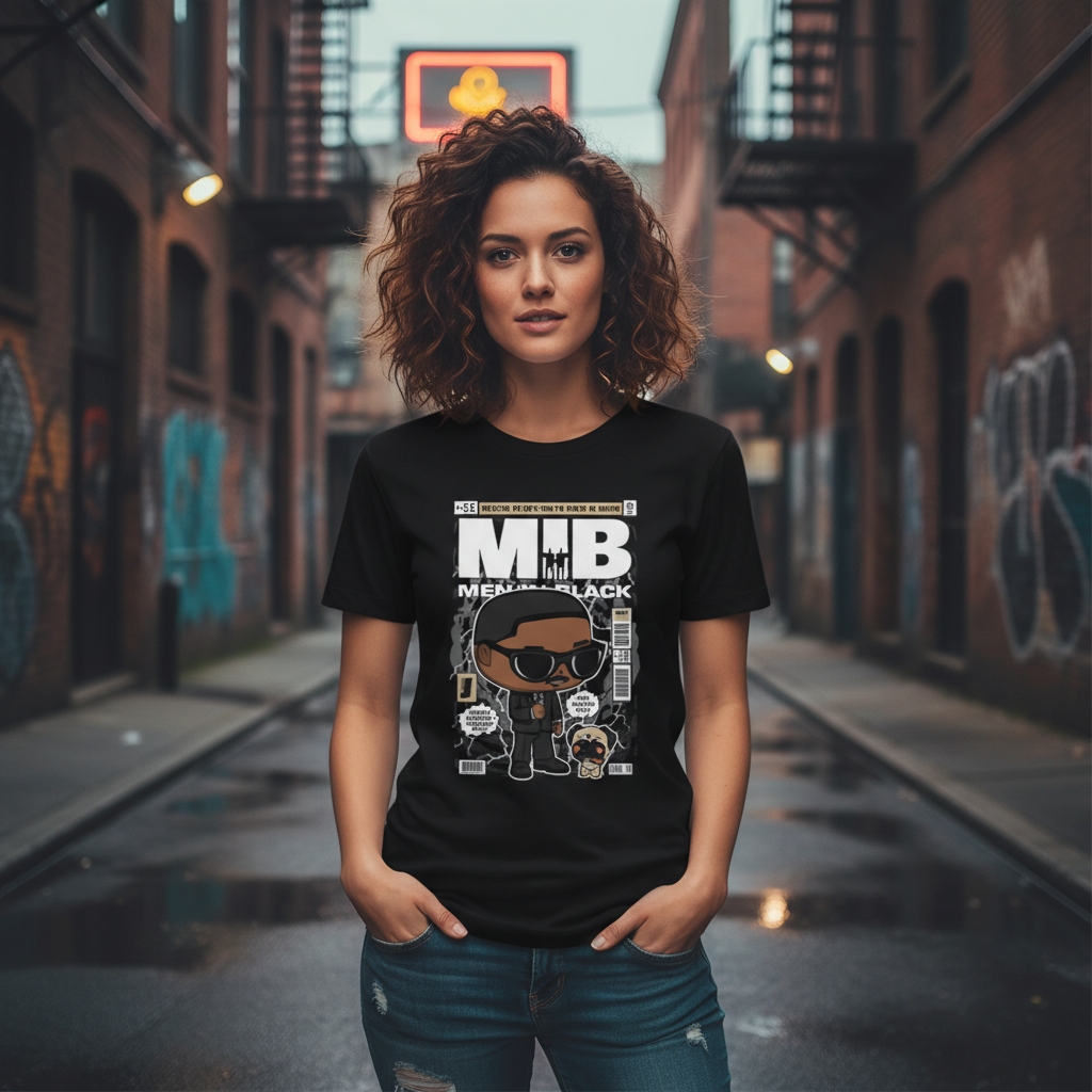 MIB Cartoon Style Graphic Tee With Bold Comic Background And Caricature Agent For Men And Women
