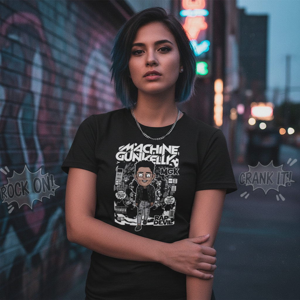 Machine Gun Kelly Graphic Cartoon Tee For Unisex Short Sleeve Featuring Rap Devil Artwork